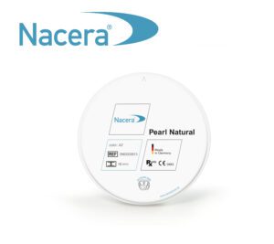 Nacera® Pearl Natural 3D Zirconia dental material showcasing a range of 16 authentic tooth shades, two bleach variations, and an exclusive bleach shade for life-like dental restorations.