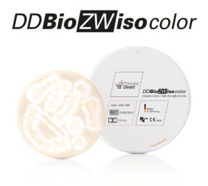 DD Bio ZW iso color – High Strength (3Y-TZP-A) pre-colored blank, optimized for aesthetic veneering of crowns, bridges, and precise Hybrid-Abutment applications.