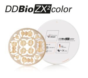 DD Bio ZX2 Color - natural chroma high translucent zirconia material in VITA® shades, ideal for crafting monolithic crowns, bridges, and aesthetically pleasing veneers across all span ranges